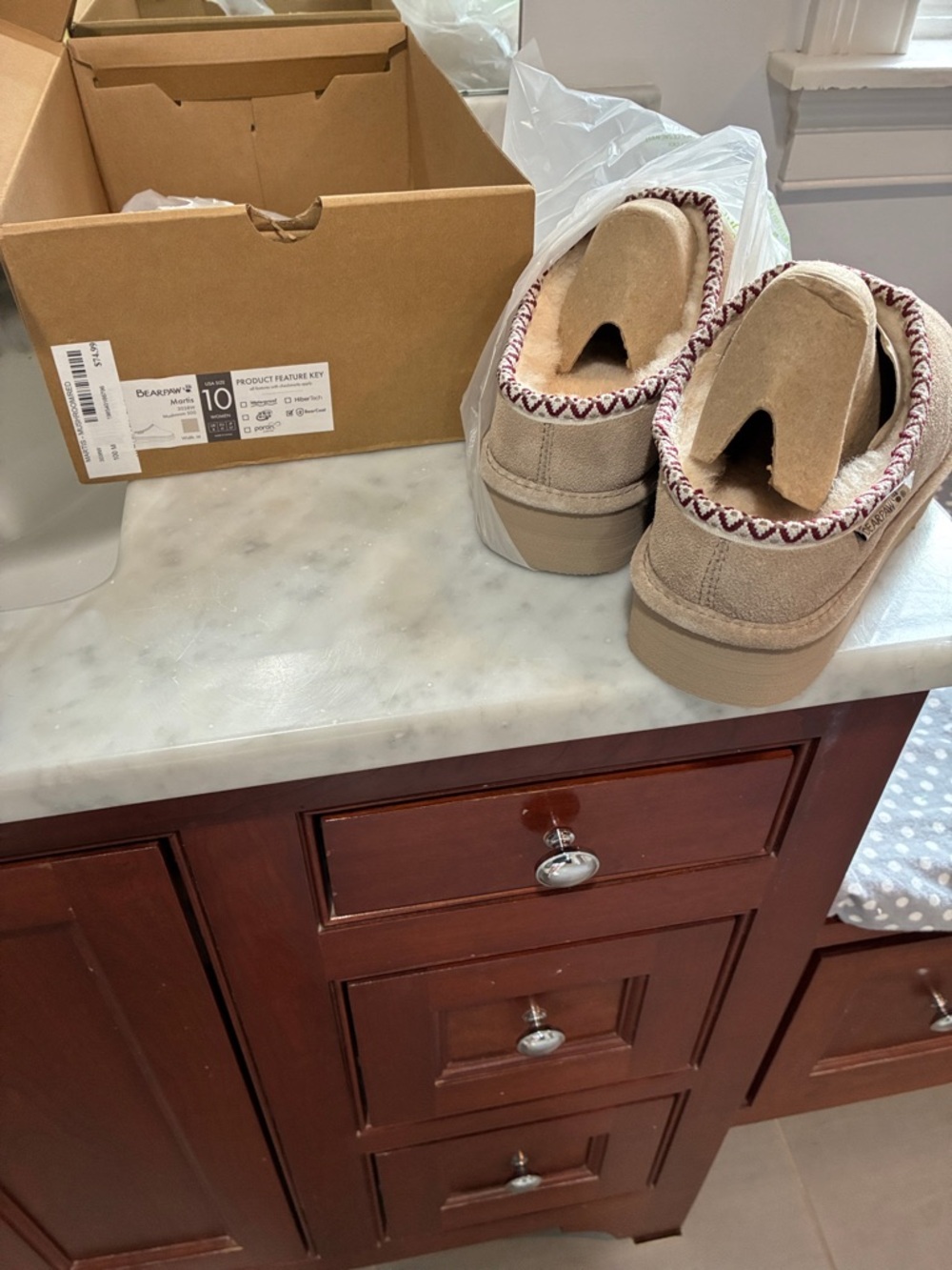 BearPaw Women's Tan Slippers with Cream Faux Fur Trim